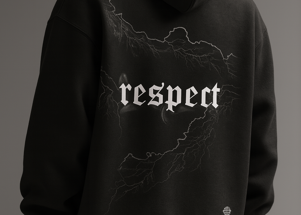 “Black ‘Respect’ Hoodie with Lightning Graphic