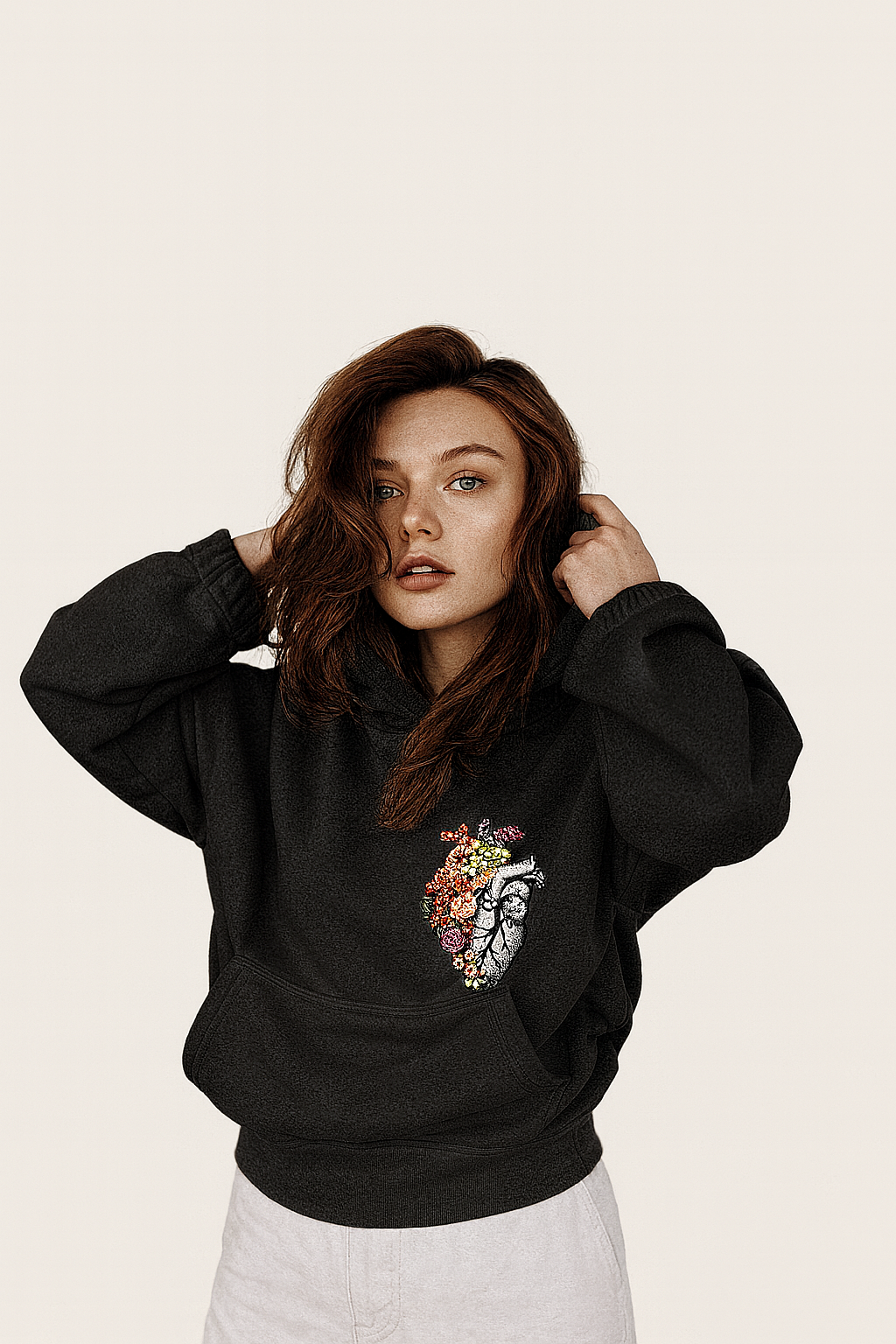 Black Floral Heart Hoodie for Women – Oversized Streetwear Aesthetic | GymLayers