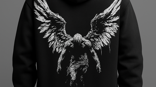 “Black Hoodie with White Fallen Angel Artwork – Dark Aesthetic Streetwear”