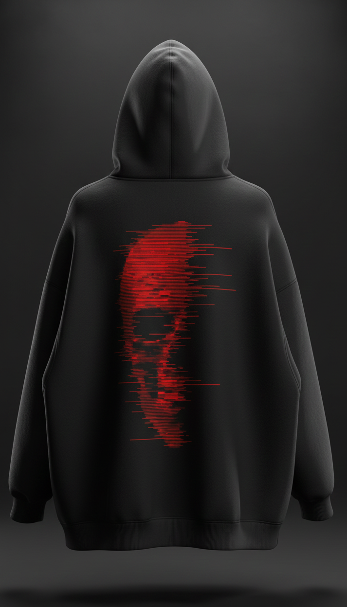 Red Glitch Skull Oversized Black Hoodie