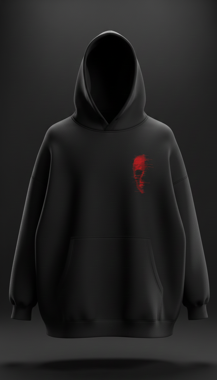 Black hoodie with a red logo on a dark background