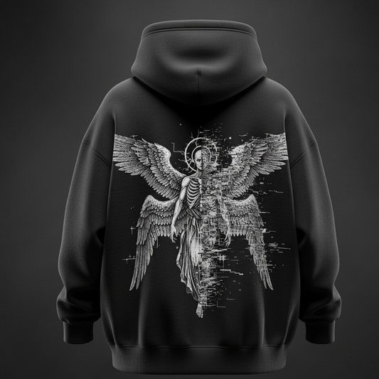 Black Digital Seraph Hoodie – Oversized Black Heavyweight Streetwear (Glitch Angel Back Print)