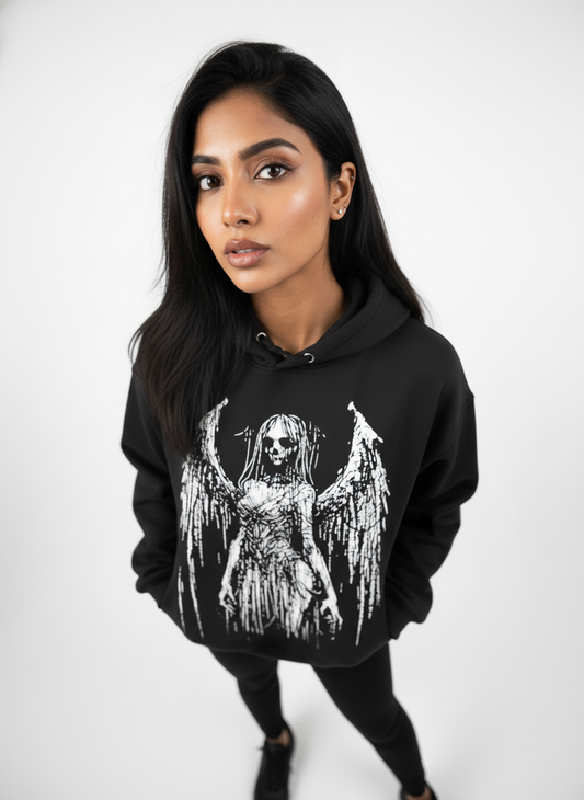 Oversized Black “Fallen Angel” Graphic Hoodie