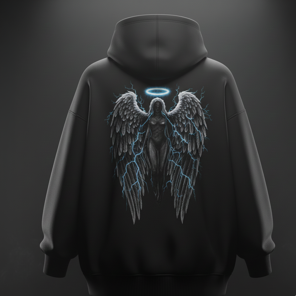Black hoodie with angel design