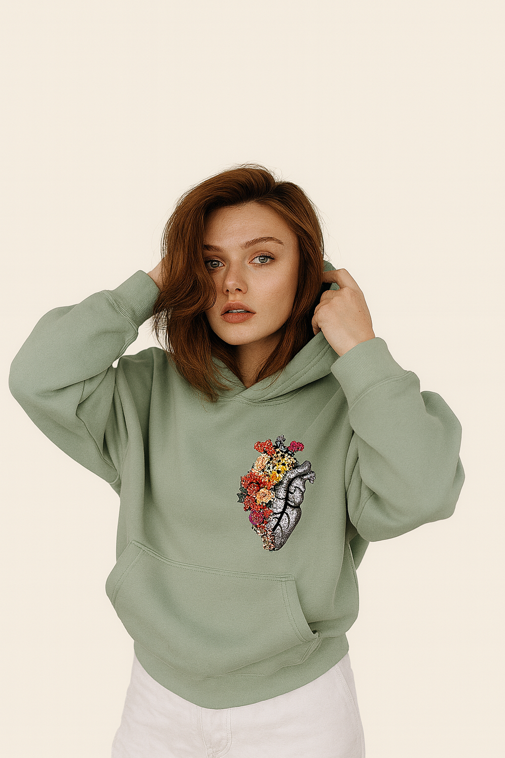 Sage Green Floral Heart Hoodie for Women – Oversized Aesthetic Streetwear | GymLayers