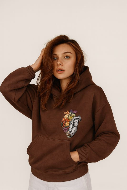 Coffee Brown Floral Heart Hoodie for Women – Oversized Aesthetic Streetwear | GymLayers