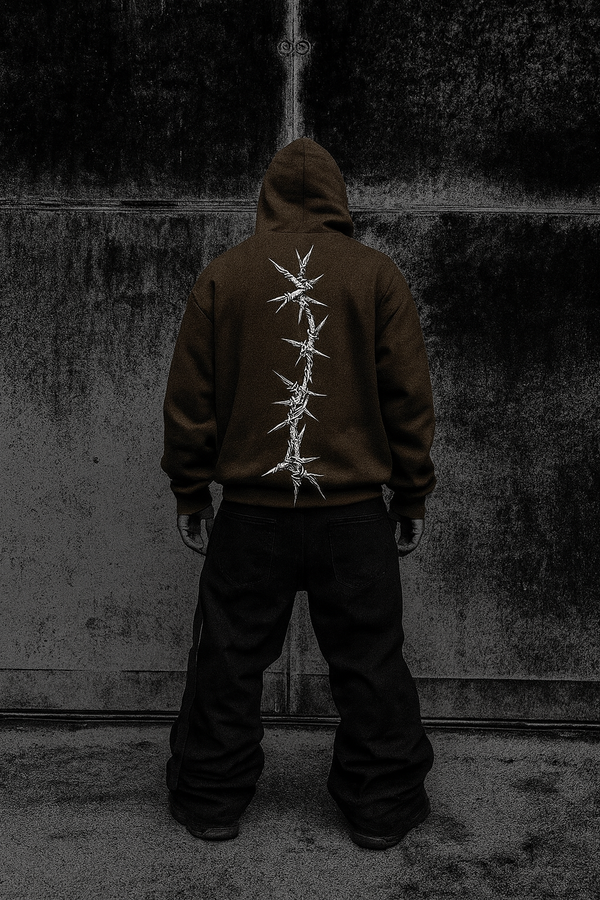 Oversized Hoodie – Barbed Wire Spine Back Print (Brown)