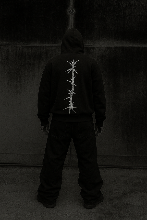 Black Barbed Wire Graphic Hoodie – Heavyweight Oversized Fit for Men & Women