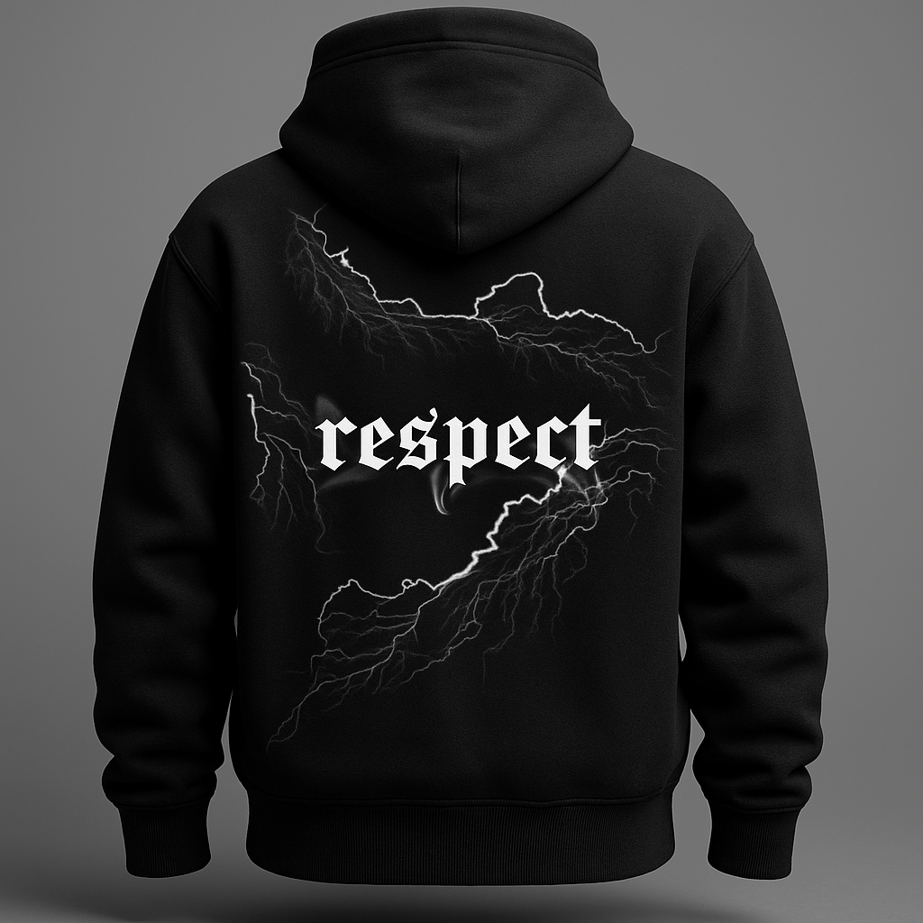“Black ‘Respect’ Hoodie with Lightning Graphic