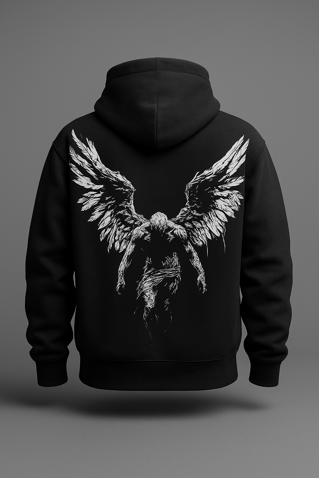“Black Hoodie with White Fallen Angel Artwork – Dark Aesthetic Streetwear”