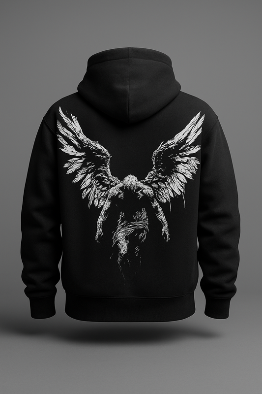“Black Hoodie with White Fallen Angel Artwork – Dark Aesthetic Streetwear”