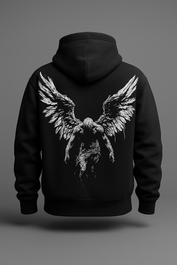 “Black Hoodie with White Fallen Angel Artwork – Dark Aesthetic Streetwear”