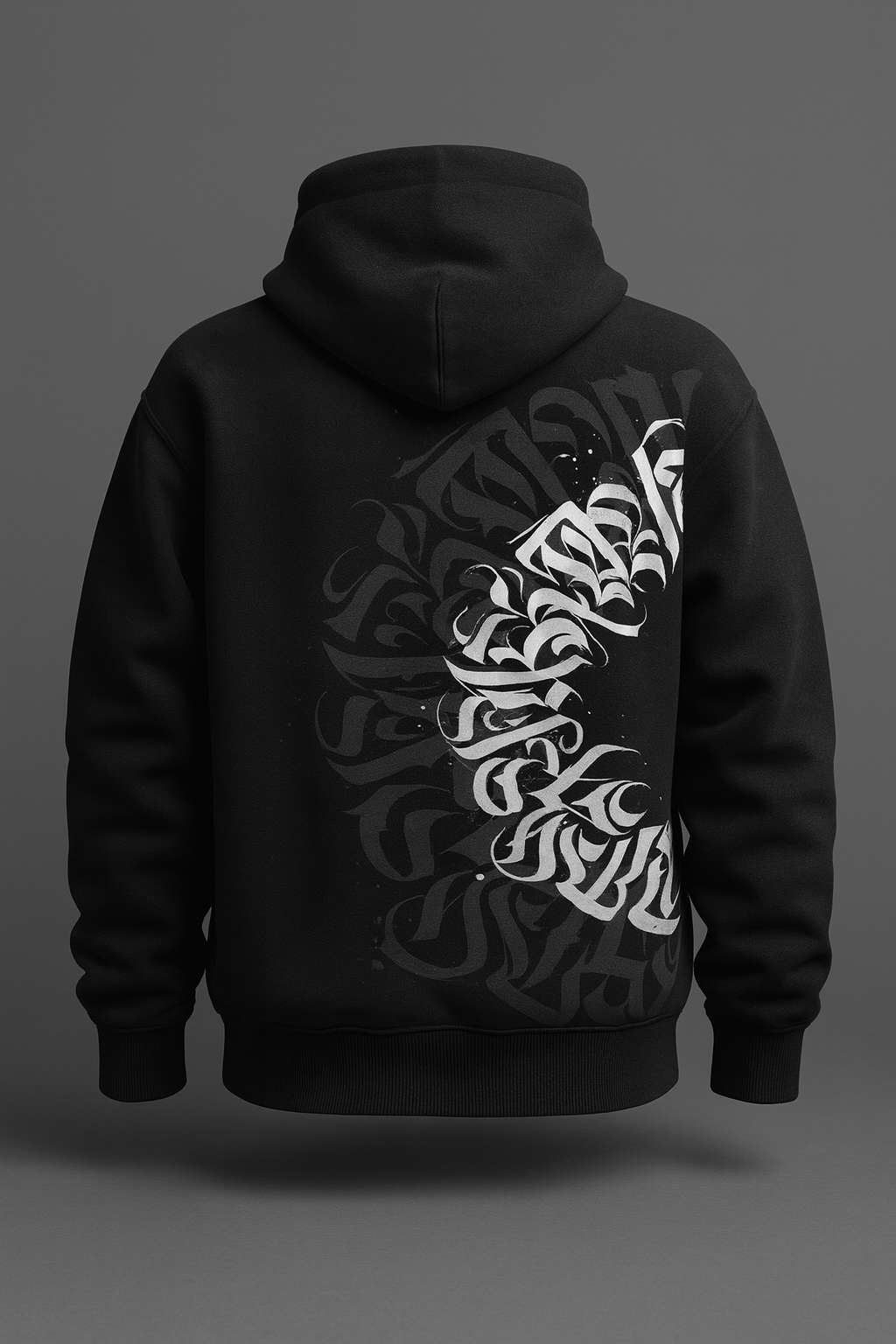 Black Hoodie with Abstract Calligraphy Design