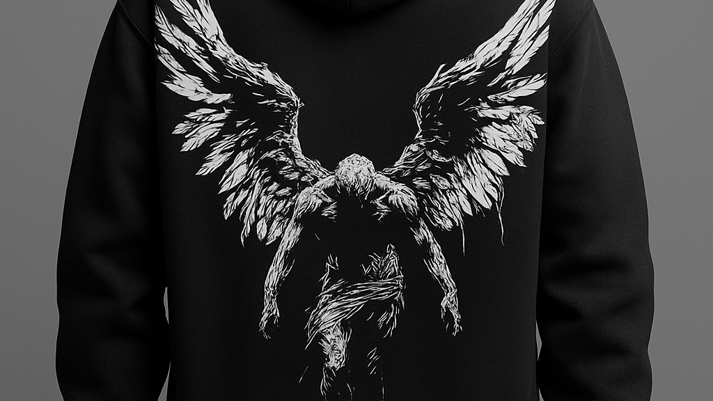 “Black Hoodie with White Fallen Angel Artwork – Dark Aesthetic Streetwear”