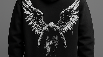 “Black Hoodie with White Fallen Angel Artwork – Dark Aesthetic Streetwear”