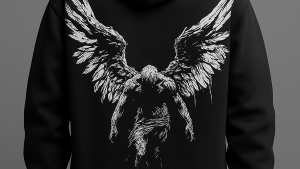 “Black Hoodie with White Fallen Angel Artwork – Dark Aesthetic Streetwear”