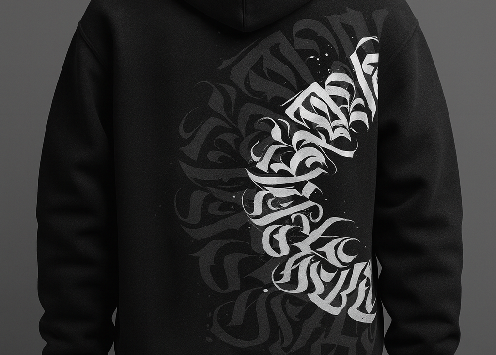 Black Hoodie with Abstract Calligraphy Design