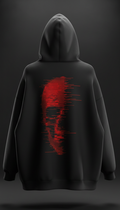 Red Glitch Skull Oversized Black Hoodie