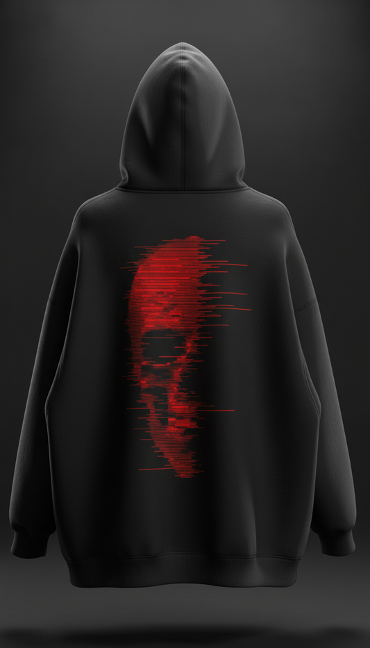 Red Glitch Skull Oversized Black Hoodie
