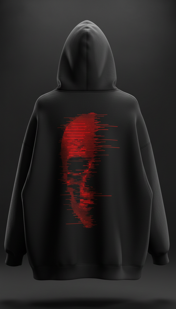 Red Glitch Skull Oversized Black Hoodie