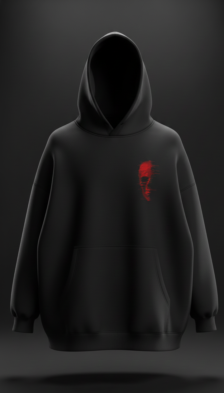 Red Glitch Skull Oversized Black Hoodie