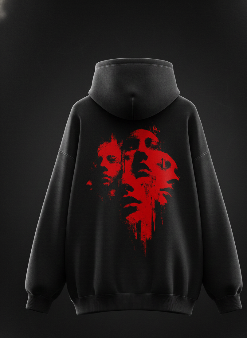 Oversized Black Hoodie: Heavyweight Distressed Faces Streetwear
