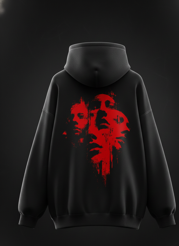 Oversized Black Hoodie: Heavyweight Distressed Faces Streetwear