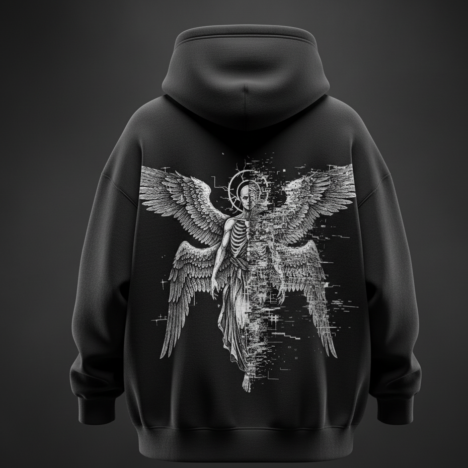 Black Digital Seraph Hoodie – Oversized Black Heavyweight Streetwear (Glitch Angel Back Print)