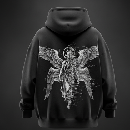 Black Digital Seraph Hoodie – Oversized Black Heavyweight Streetwear (Glitch Angel Back Print)