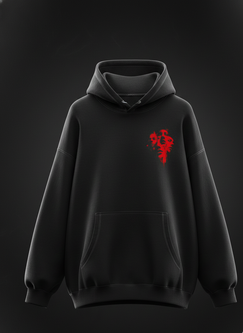 Oversized Black Hoodie: Heavyweight Distressed Faces Streetwear