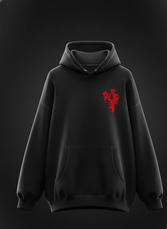 Oversized Black Hoodie: Heavyweight Distressed Faces Streetwear