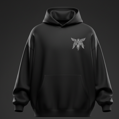Black Digital Seraph Hoodie – Oversized Black Heavyweight Streetwear (Glitch Angel Back Print)