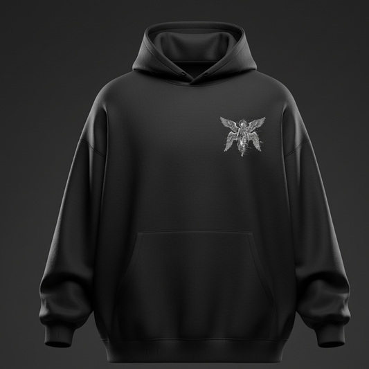 Black Digital Seraph Hoodie – Oversized Black Heavyweight Streetwear (Glitch Angel Back Print)