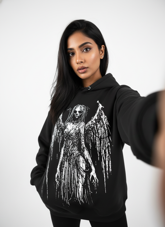 Oversized Black “Fallen Angel” Graphic Hoodie