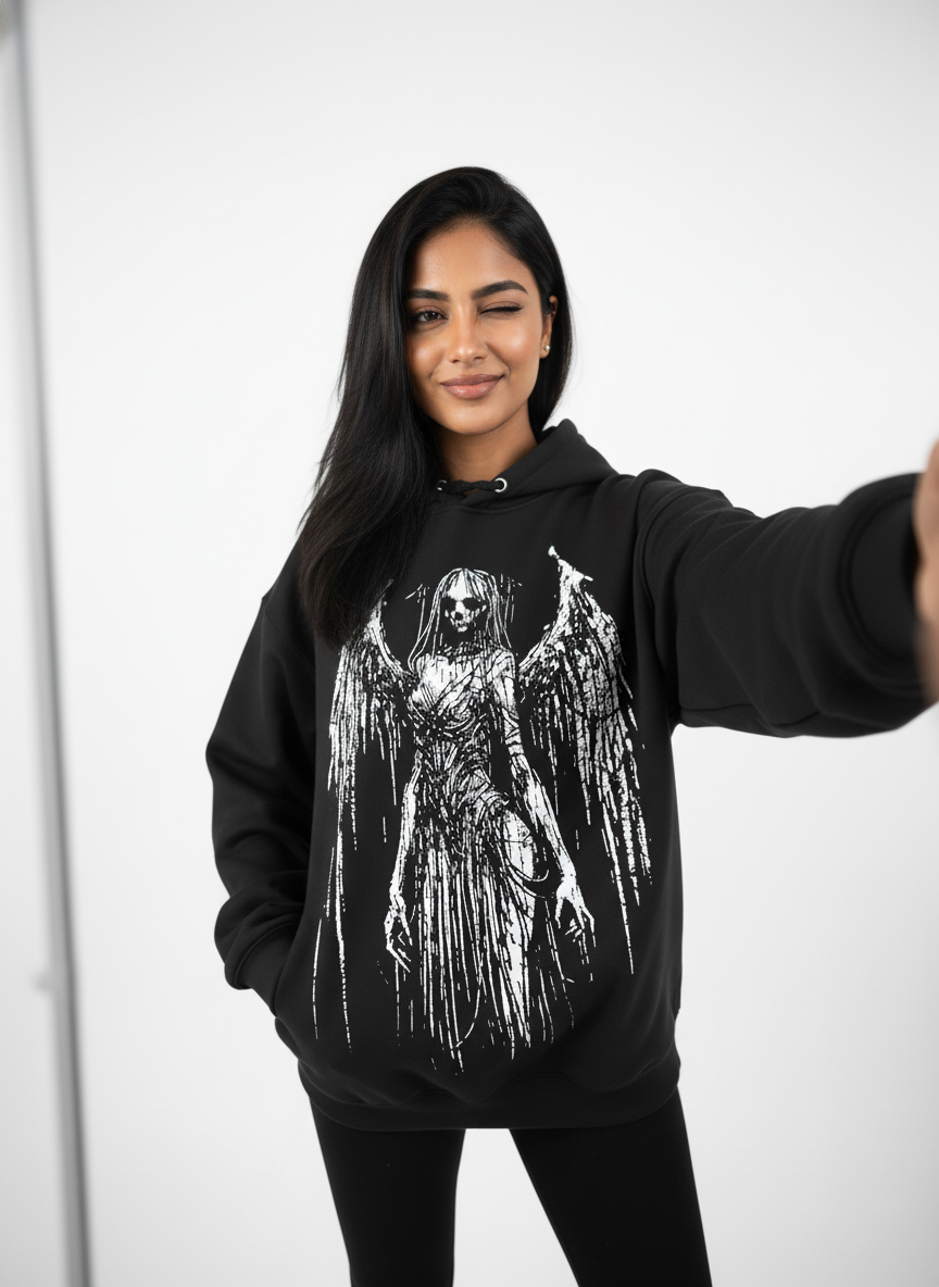 Oversized Black “Fallen Angel” Graphic Hoodie